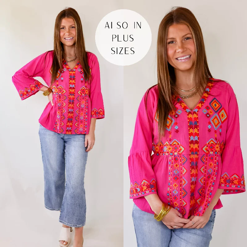 The Party Has Arrived 3/4 Sleeve V Neck Top With Embroidered Tribal Print in Pink Luxury Style