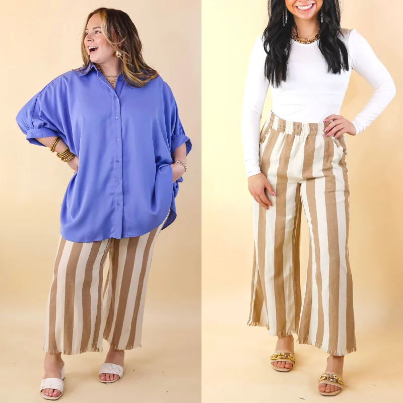 Right On Cue Elastic Waistband Striped Cropped Pants with Frayed Hem in Taupe Lightweight Fabric