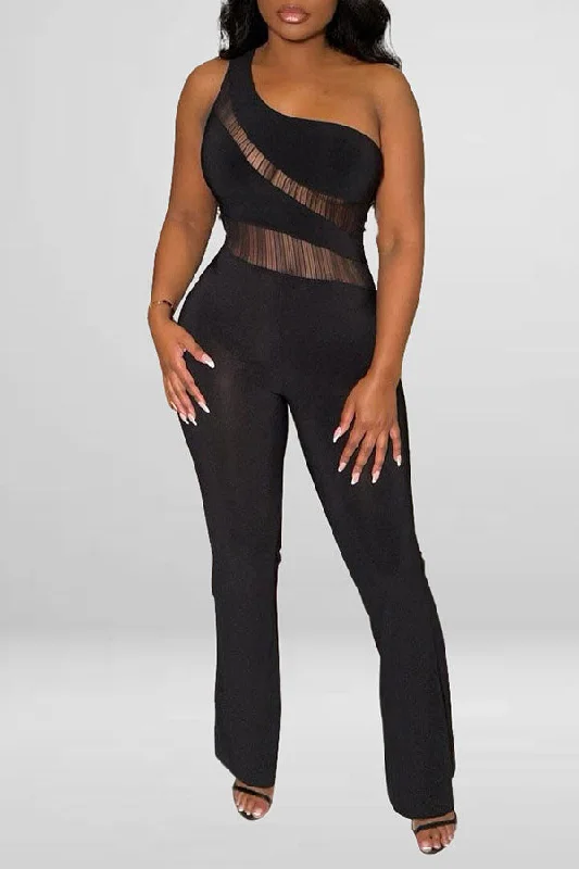 Black Patchwork Cutout Modern One Shoulder Jumpsuit Chic Sophistication