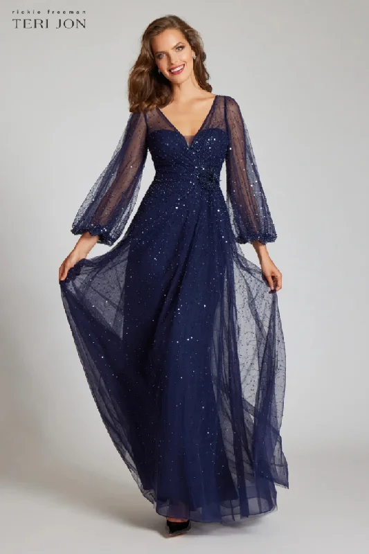 Beaded Tulle Neck Long Full Sleeve Gown Clearance Event