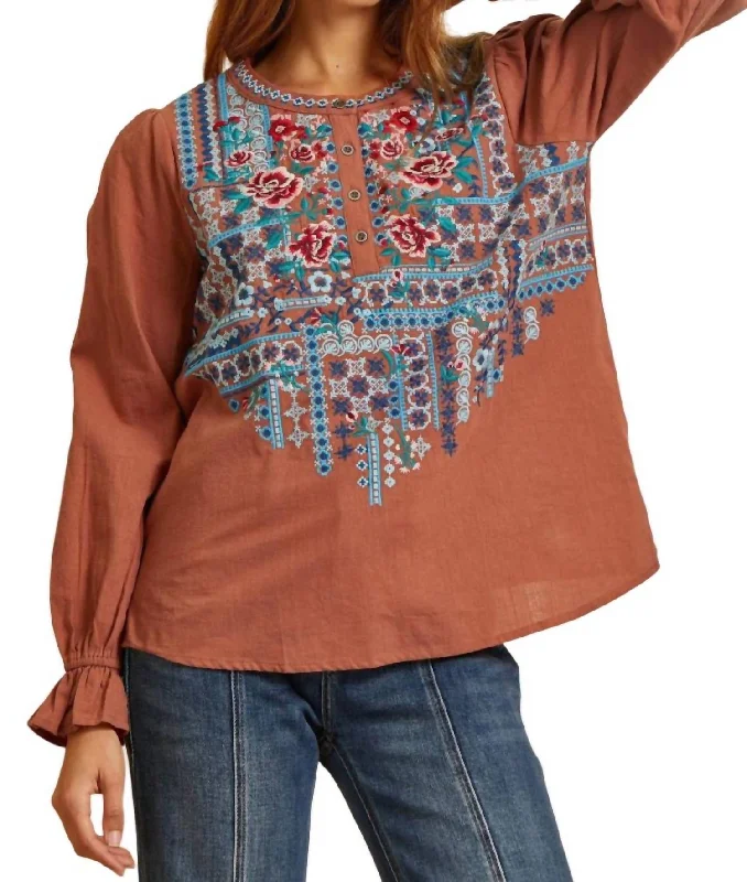 Mixed Embroidered Top In Rust Holiday Sale