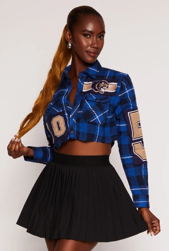 Graphic Patch Plaid Cropped Shirt Feminine Charm