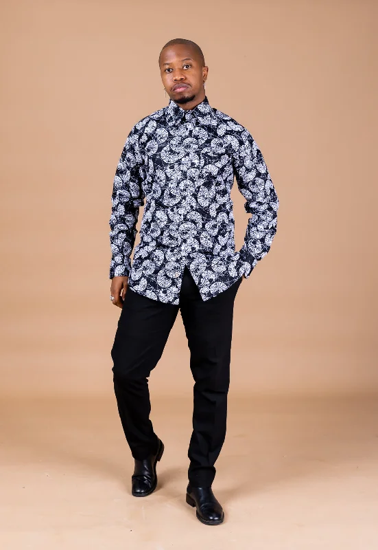 Smith Ankara Men Long-sleeved  Shirt | Black and White African Print Trendy Street Style