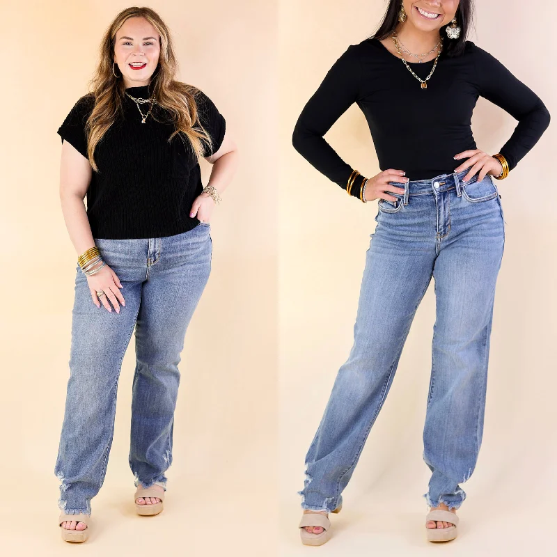 Judy Blue | Weekend Wanderer High Waisted Straight Leg Jean with Destroyed Hem in Medium Wash Exclusive Discount