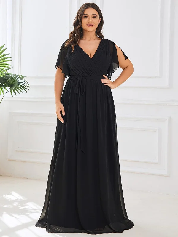 Plus Size Ruffle Pleated Chiffon Tie-Waist Evening Dress Trendy Threads