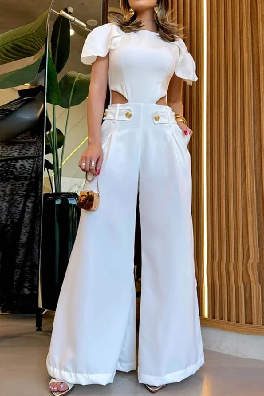 Solid Color Sweet Cutout Waist Wide Leg Jumpsuit Don't Miss Out