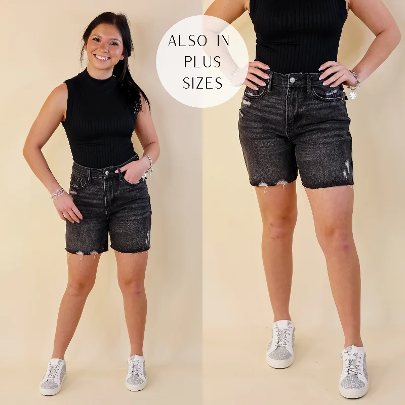 Judy Blue | Everyday Ease Rigid Magic Mid Thigh Raw Hem Shorts in Black Wash Chic Styles