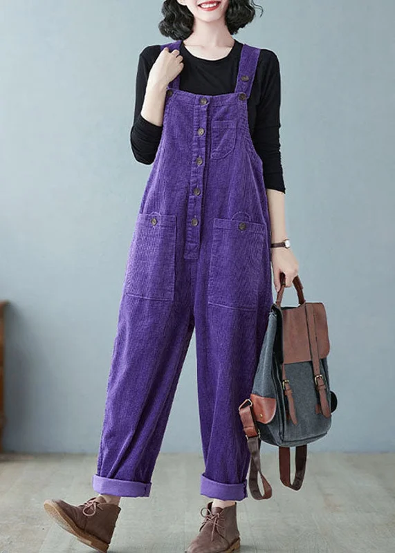 Purple Patchwork Button Cozy Corduroy Jumpsuit Save Big