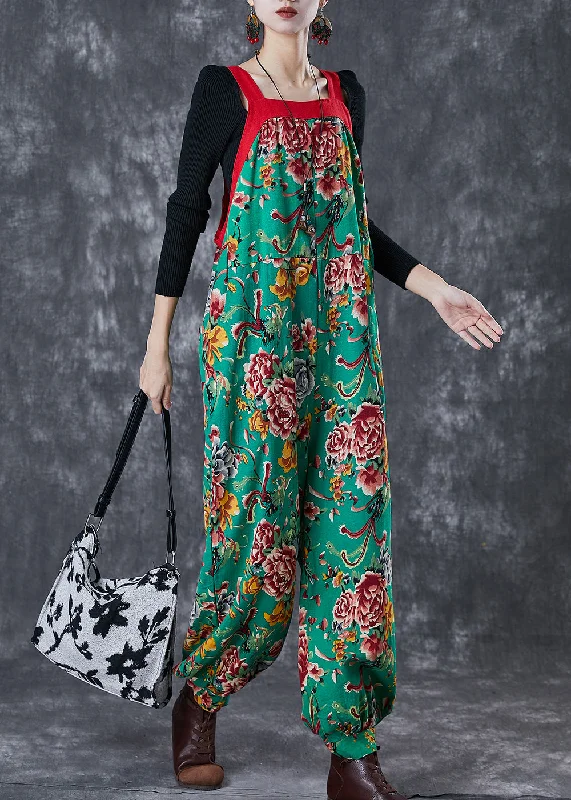 Bohemian Green Oversized Print Cotton Overalls Jumpsuit Fall Fashion Forward