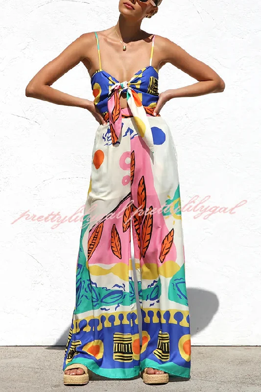 Unique Printed Back Pleated Suspenders Loose Pocket Wide-leg Jumpsuit Summer Splash Sale