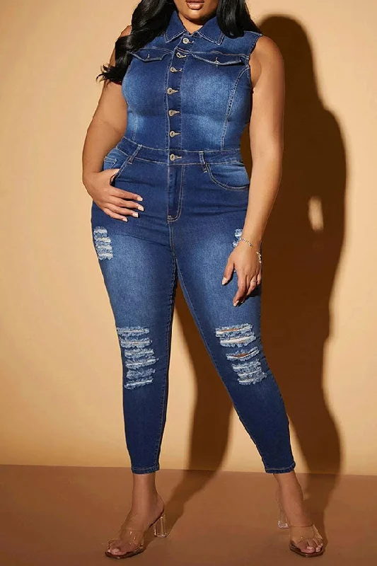 Ripped Classic Button Down Denim Jumpsuit Trend Setting Wardrobe