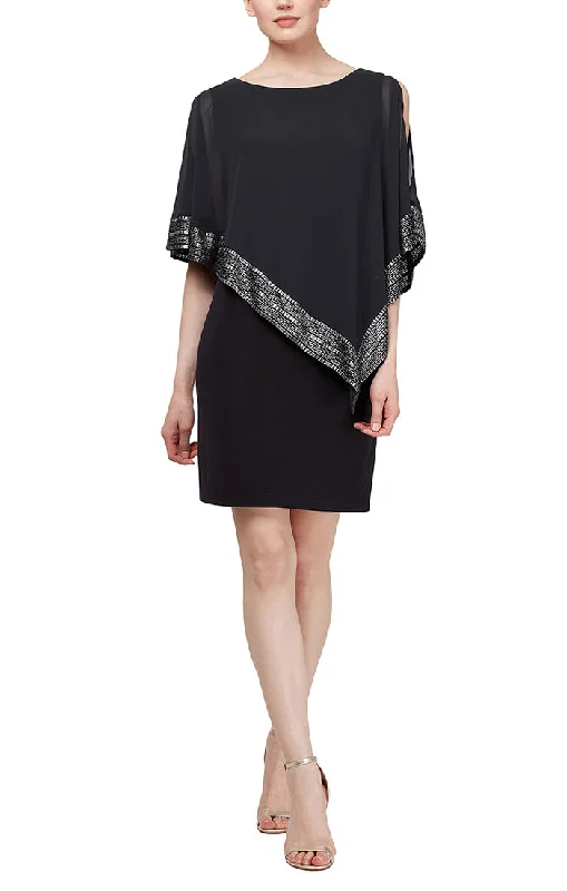 Foil Trim Asymmetrical Chiffon & Jersey Popover Cape Dress Comfortable Chic