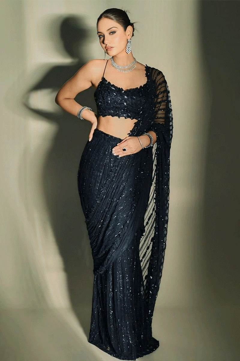 Sequence Embroidery Work Fully Black Colour Saree For Reception Fashion Forward