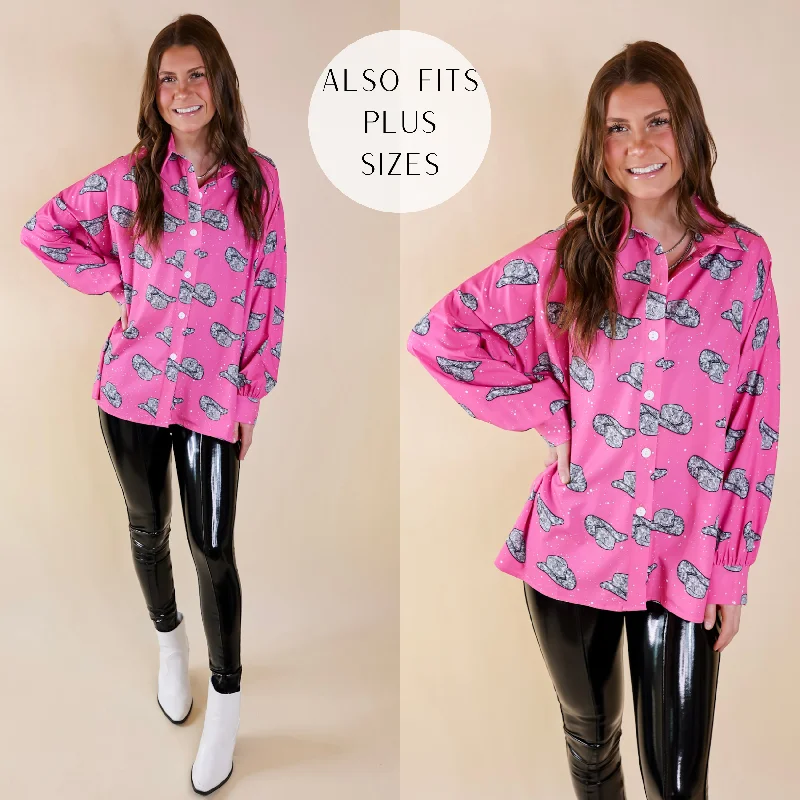 The Cowgirl Way Button Up Disco Cowboy Hat Print Top in Pink Early Access To Art Deco Styles Sale