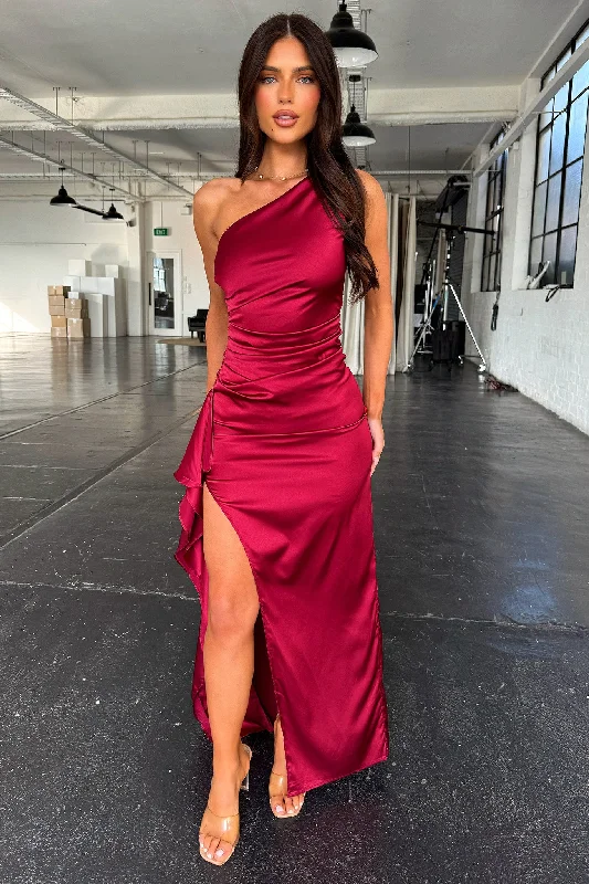 Elianna One Shoulder Satin Maxi Dress - Burgundy Elegant Ensemble