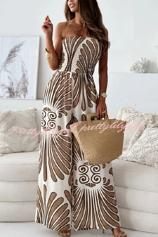 Unique Printed Off-shoulder Pleated Casual Wide-leg Jumpsuit Exquisite Craftsmanship