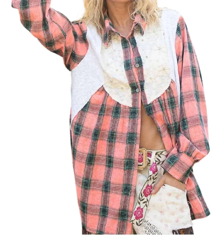 Buffalo Lace Flannel Shacket In Pink/white Limited - Edition Drops