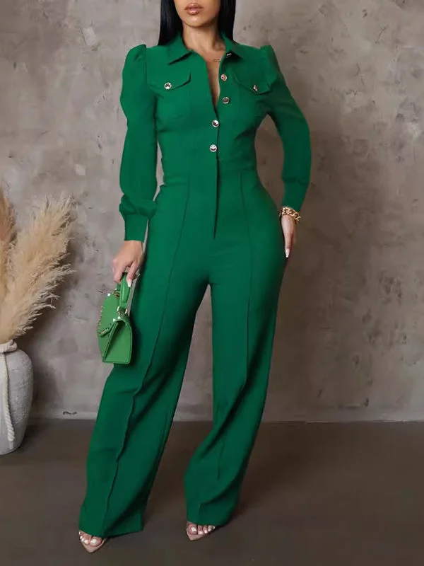 Solid Button-Front Jumpsuit Spring Fashion