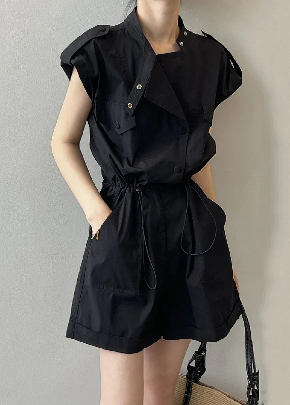 Black Button Linen Jumpsuits High Waist Short Sleeve Flash Deals