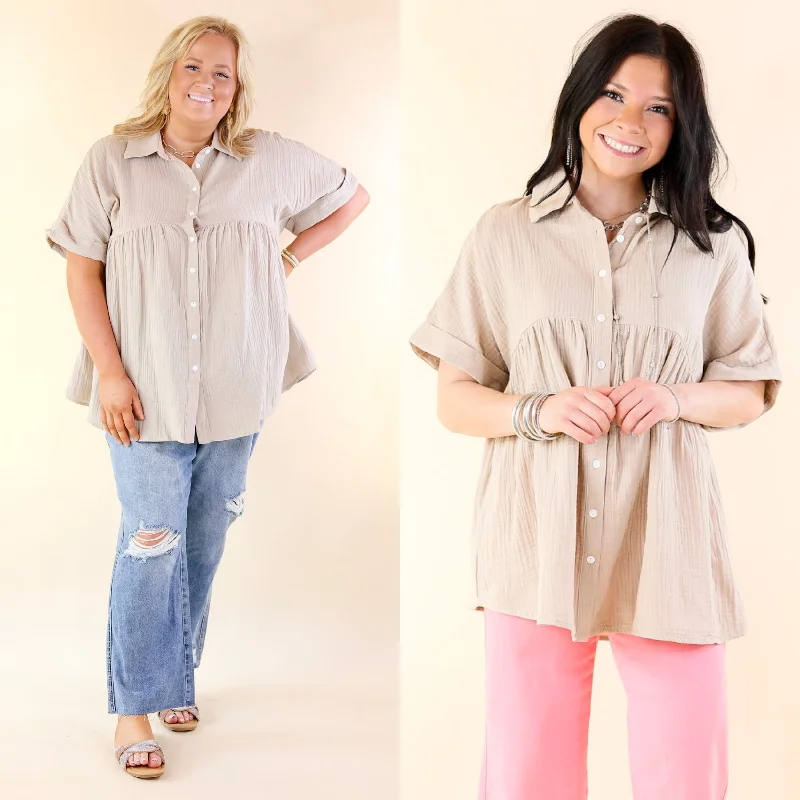 Mellow Mood Collared Button Up Babydoll Top in Taupe Limited Stock