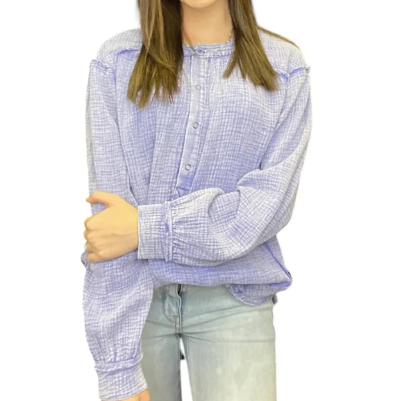 Long Sleeve Mineral Wash Top In Lilac Blue Seasonal Trend