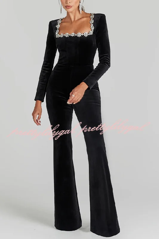 Classic Charm Velvet Jewel Embellished Trim Long Sleeve Flare Jumpsuit Alluring Design