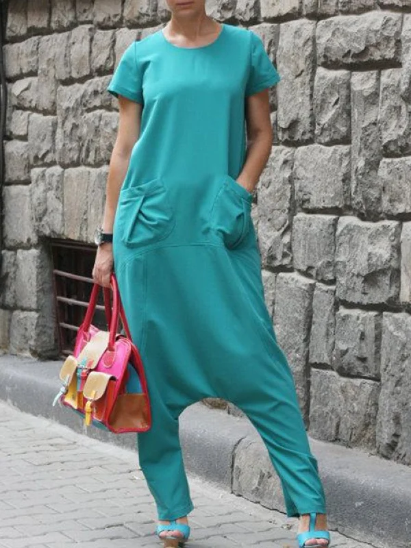 Short Sleeve Maxi Jumpsuit Loose Harem Romper with Pocket Top Brand Discounts