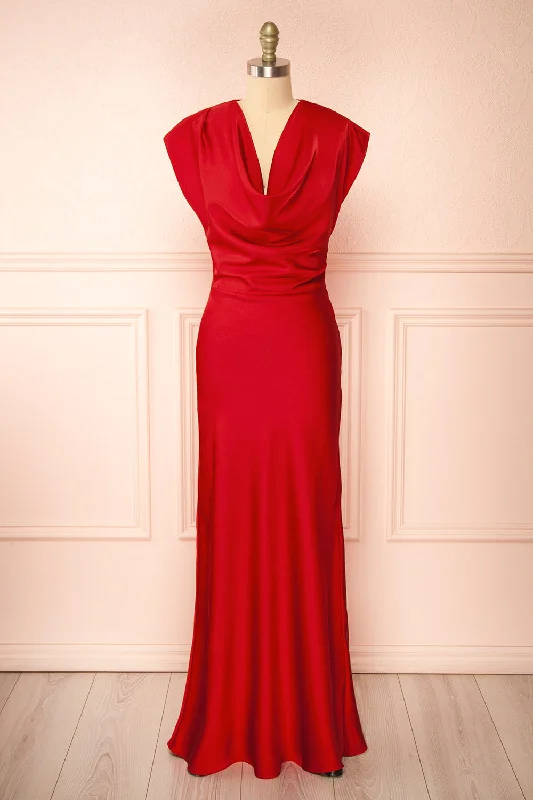 Korpa Red | Satin Maxi Dress w/ Cowl Neck Vintage Elegance