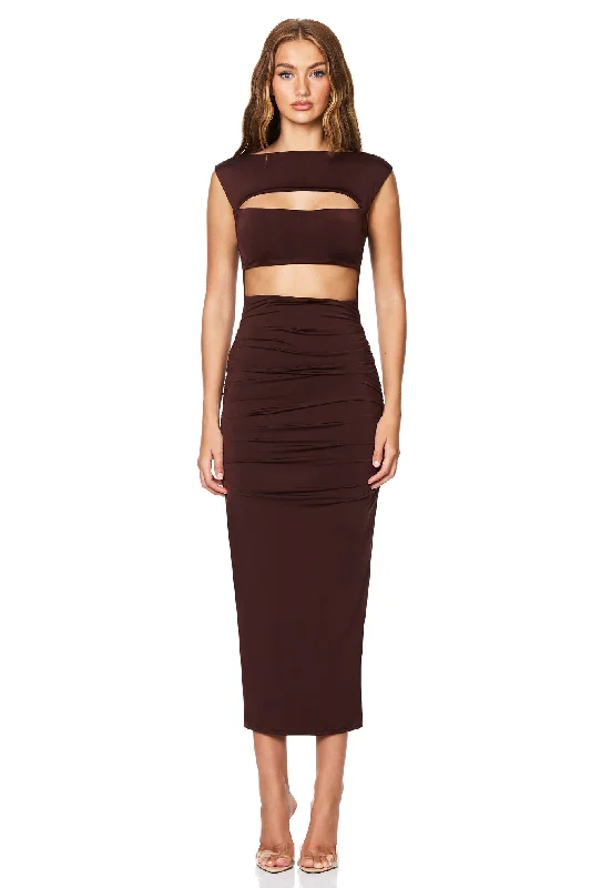 Nookie Enigma Cut Out Midi Dress - Chocolate Score Big On Glamorous Red - Carpet Styles