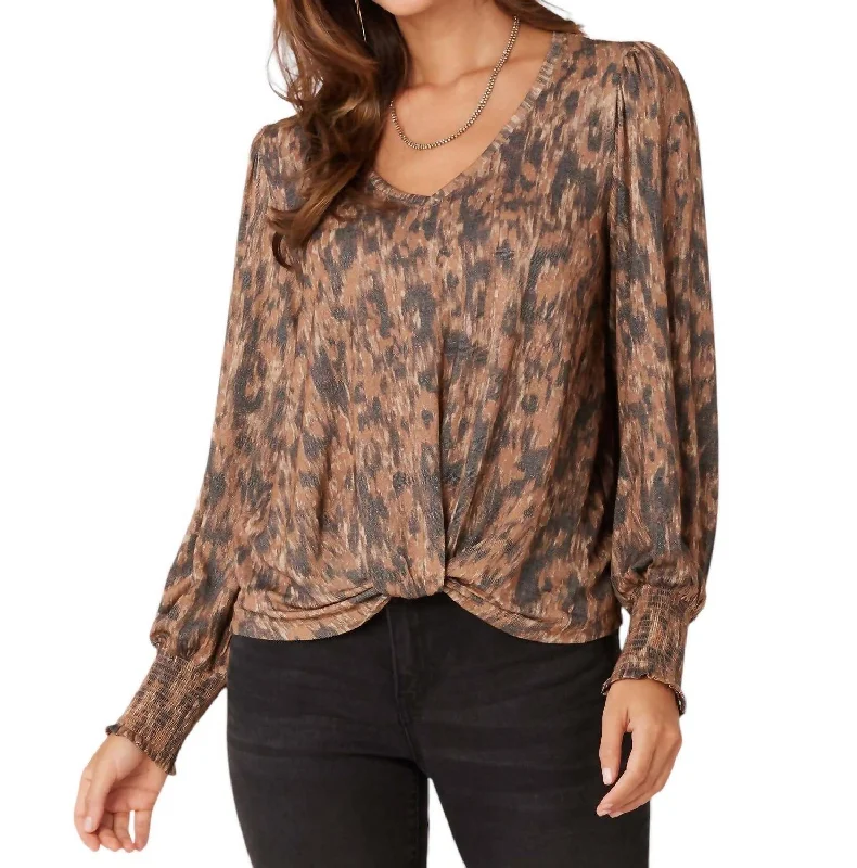 Long Blouson Sleeve V-Neck Twisted Hem Printed Knit Top In Camel Great Deals On Ethnic Cultural Wear