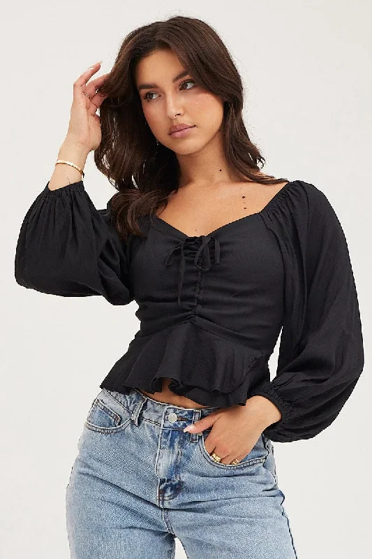 Black 3/4 Sleeves Ruched Front Ruffled Peplum Top Latest Fashion