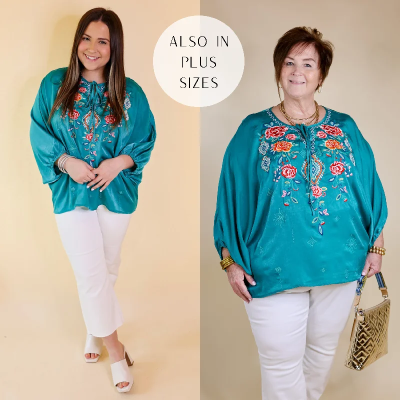 Never Out Done Floral Embroidered Poncho Top with Front Keyhole in Teal Flash Sale Now