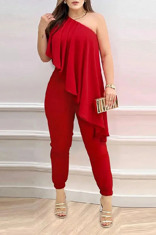 Solid Color Pretty Irregular Ruffle Design Jumpsuit Limited Styles