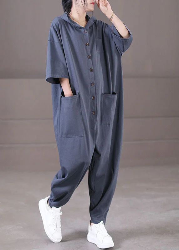 Loose Grey Hooded Pockets Solid Color Button Cotton Jumpsuit Short Sleeve New Season Fashion Preview Sale