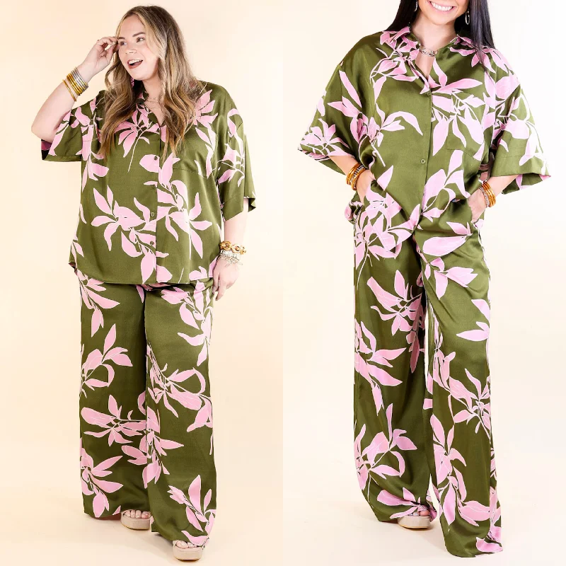 Calm and Collected Drawstring Bottoms with Pink Leaves in Olive Green Luxe Women's Apparel