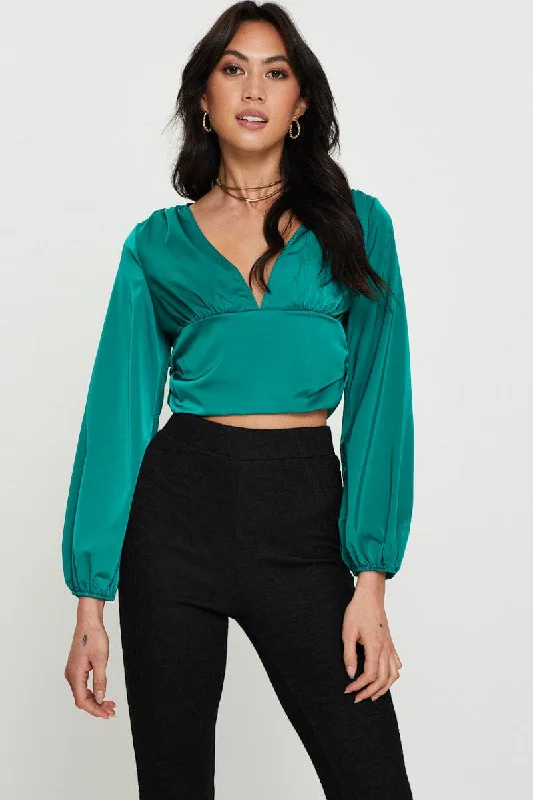 Green Long Sleeve Ruched Top Boho - Chic Festival - Ready Style