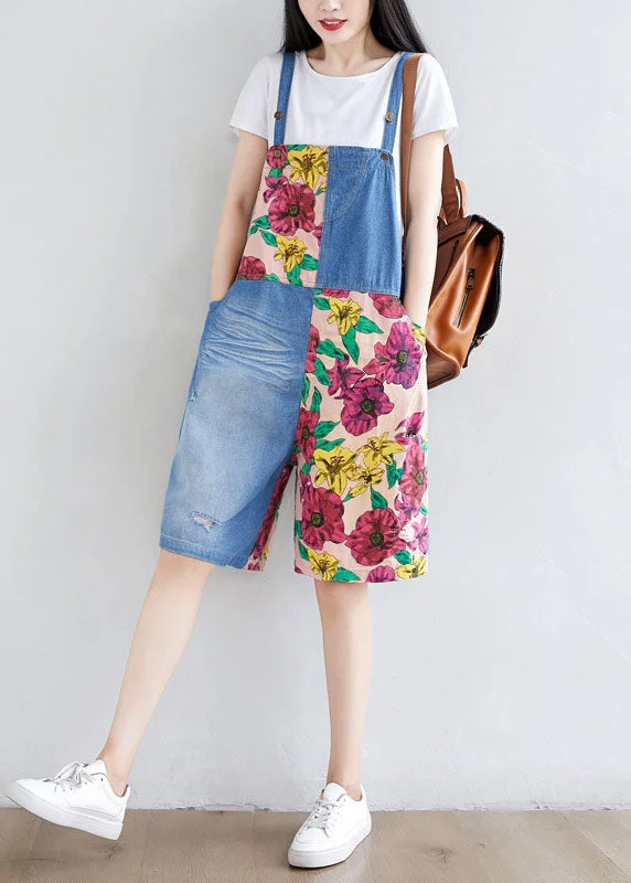 Women Light Blue Patchwork Print Cotton Overalls Jumpsuit Shorts Summer Vintage Retro Party Wear