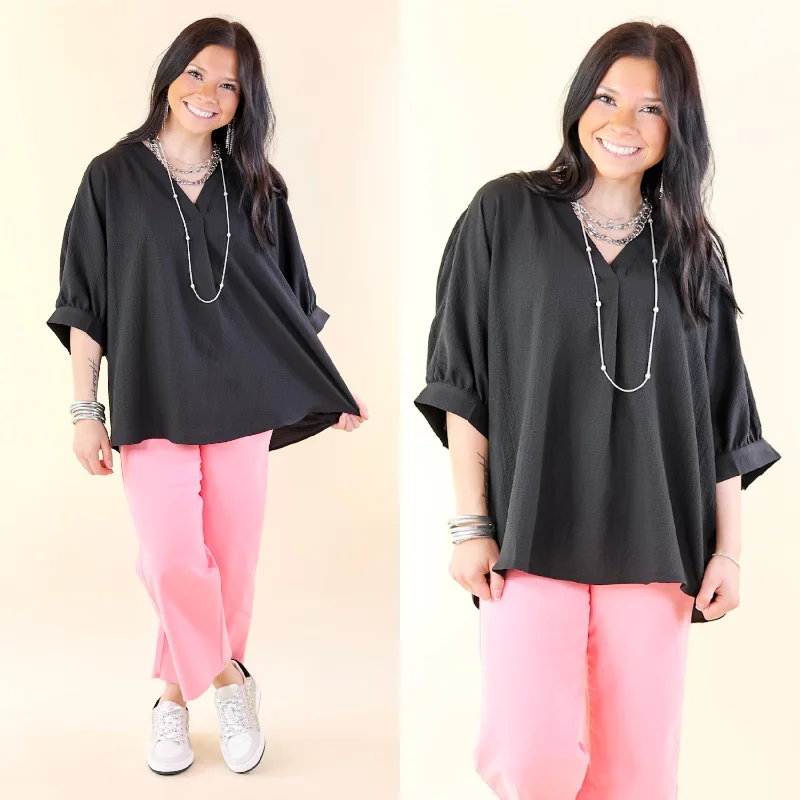 Chic and Charming V Neck Poncho Top with 3/4 Sleeves in Black Must Haves