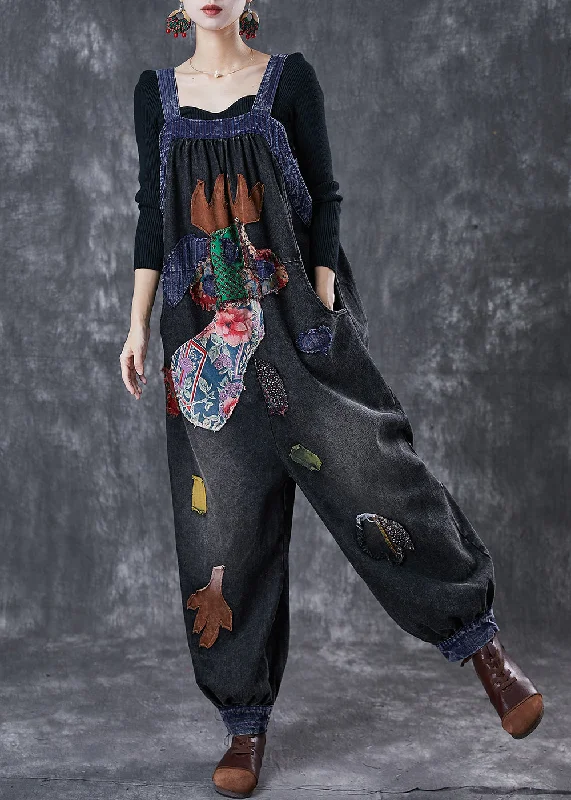 Stylish Black Oversized Patchwork Applique Denim Overalls Jumpsuit Spring Imeless Style