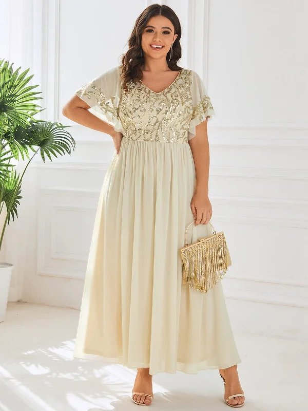 Plus Size V-Neck Short Sleeve Sequin Bodice Mother of the Bride Dress Trendy Fashion for Women