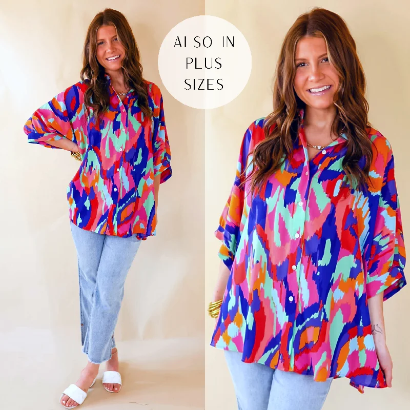 Sophisticated Sweetie Button Up Brush Stroke Print Poncho Top in Blue Mix Sleek Design