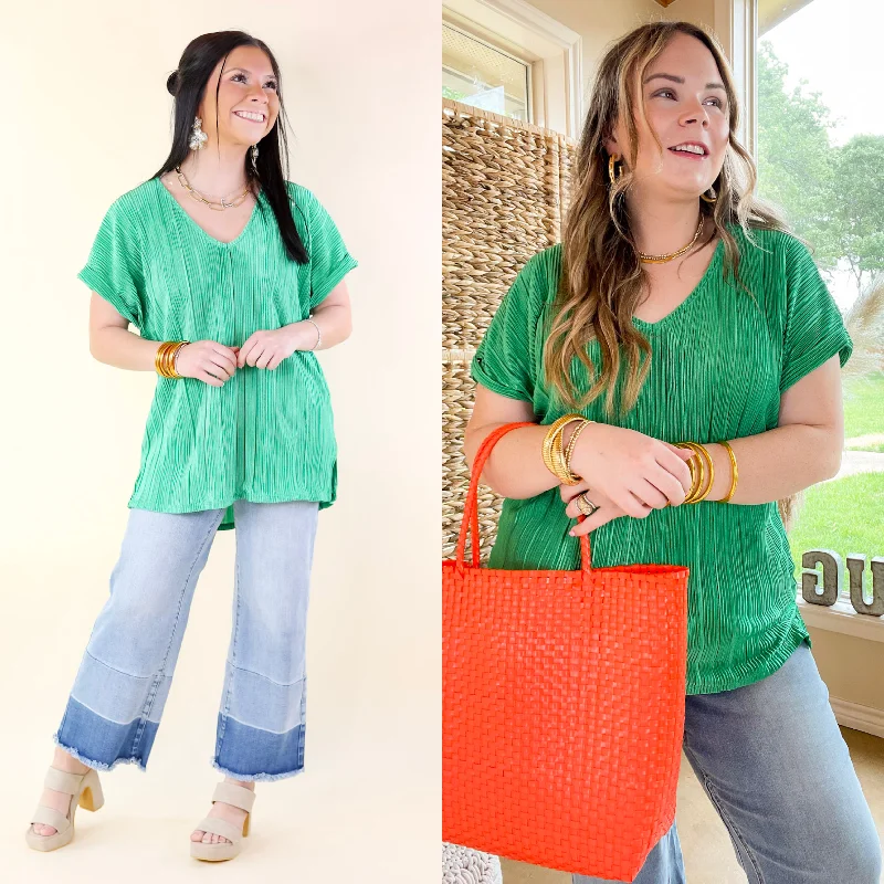 Casual Charm V Neck Plissé Top in Emerald Green Wardrobe Refresh