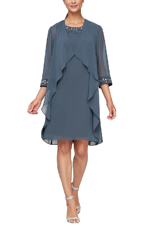 Chiffon Dress with Elongated Jacket and Embellished Neck & Cuff Detail Trendy Women's Collection