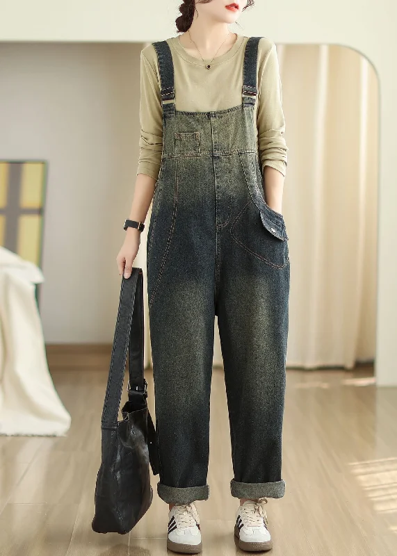 Vintage Slash Neck Pockets Patchwork Denim Jumpsuits Fall Trendy Fashion for Women