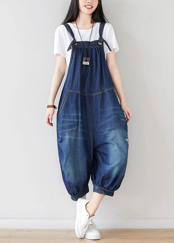 Modern Denim Blue Oversized Cotton Ripped Jumpsuit Spring Fashion Deal