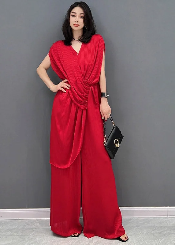 Slim Fit Red V Neck Striped Silk Jumpsuit Pants Summer Shop Sales