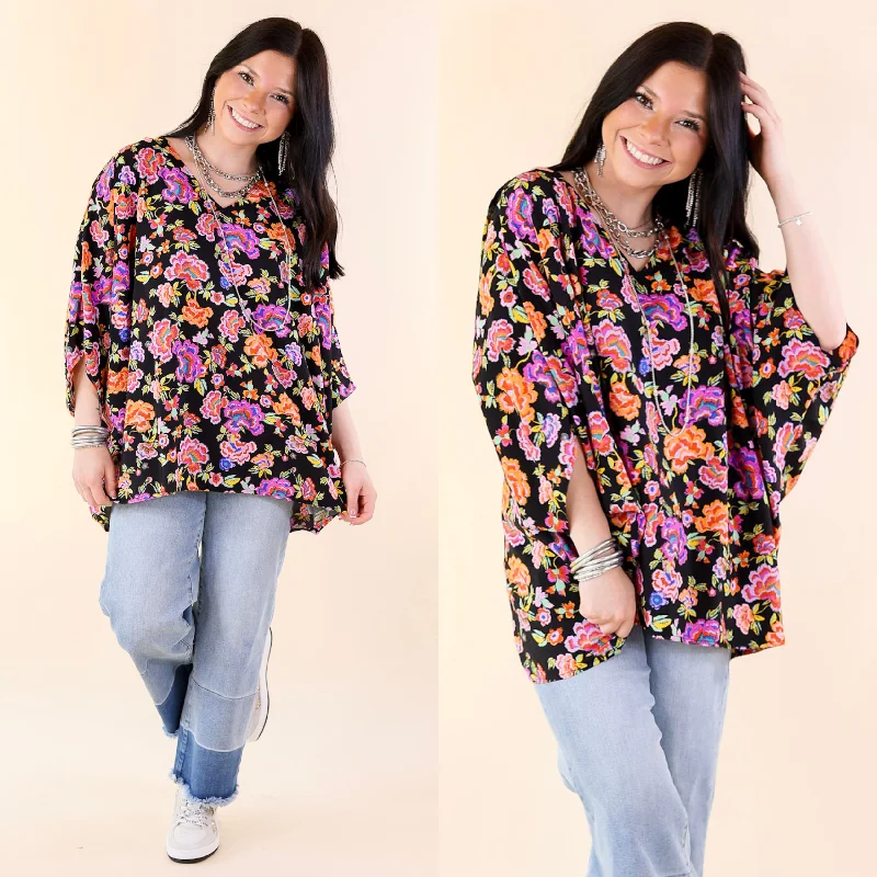 Boho Breeze Floral Print Poncho Top in Black Exclusive Sale