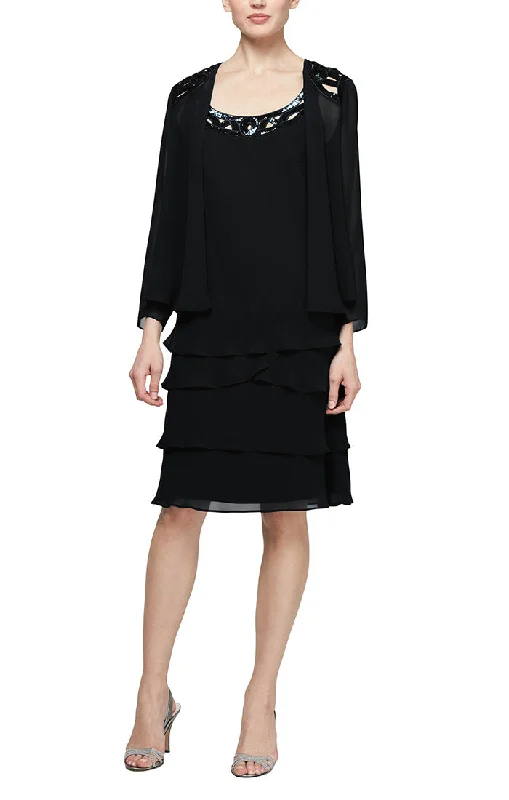 3/4 Sleeve Chiffon Jacket Dress with Tiered Skirt and Beaded Neckline Detail Trendy Fashion Sale