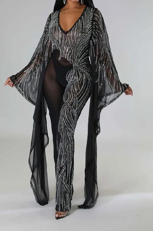 Rhinestone Unusual Trumpet Sleeve See-Through Jumpsuit Budget Saver