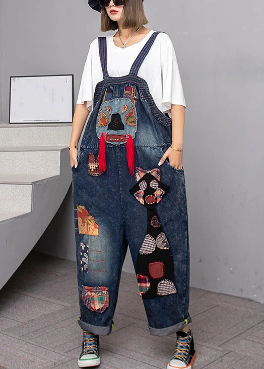 Handmade Blue Pockets High Waist Patchwork Overalls Jumpsuit Fall Comfortable Clothes